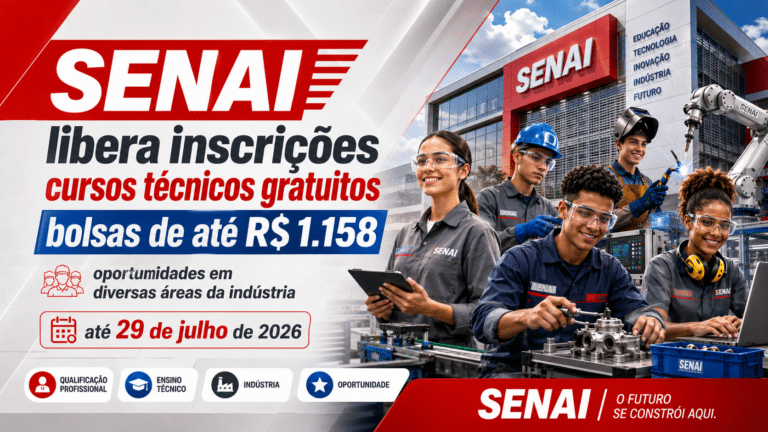Senai libera inscrições para cursos técnicos gratuitos com bolsas de até R$ 1.158 e oportunidades em diversas áreas da indústria até 29 de julho de 2026