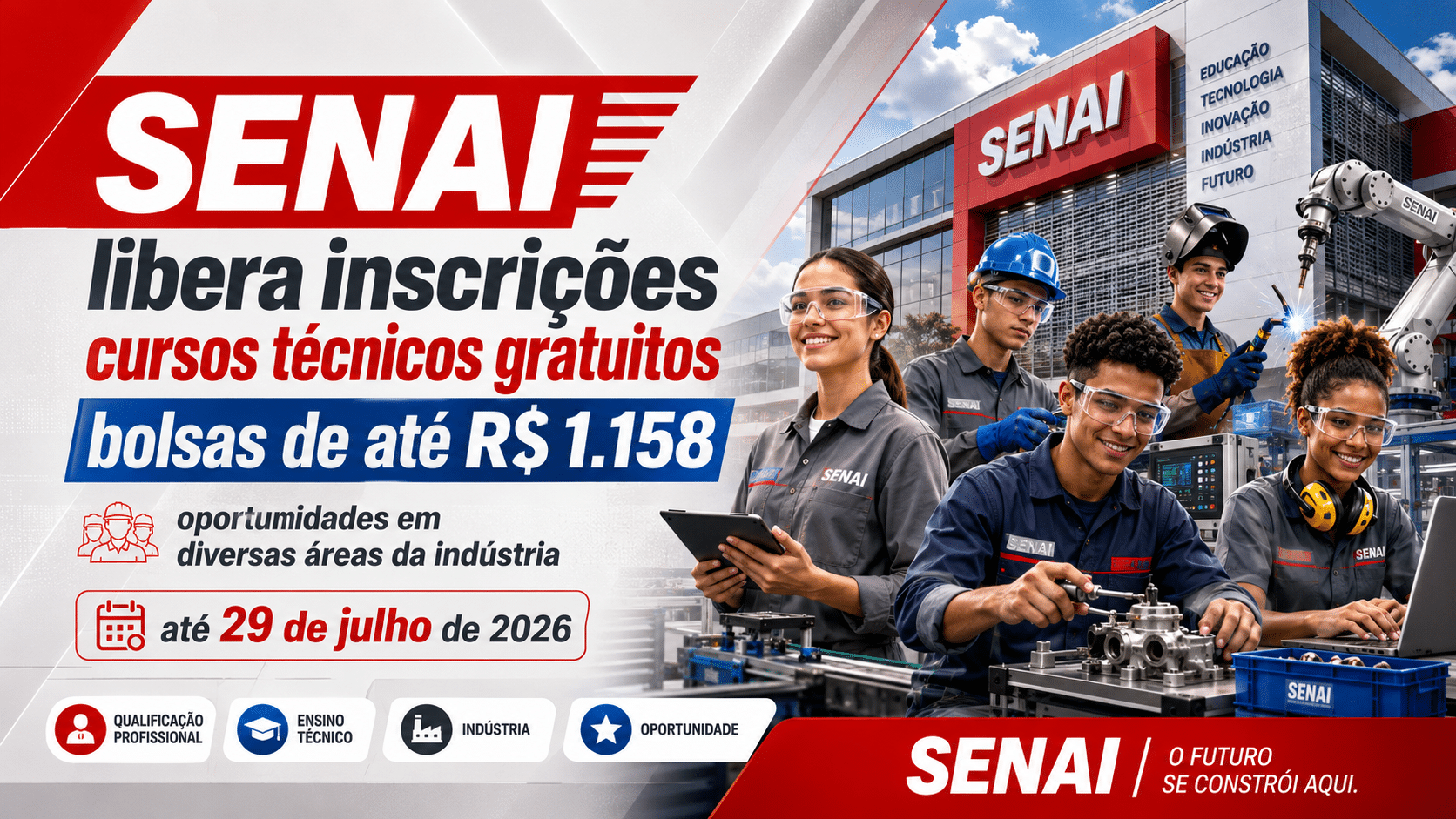 Senai libera inscrições para cursos técnicos gratuitos com bolsas de até R$ 1.158 e oportunidades em diversas áreas da indústria até 29 de julho de 2026