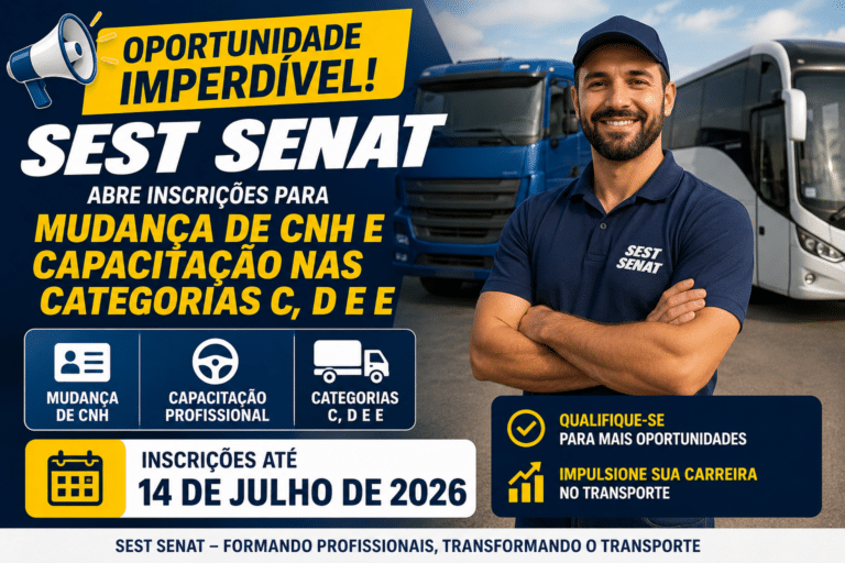 Sest Senat abre inscrições para mudança gratuita da CNH e capacitação profissional em transporte, oportunidade imperdível para quem deseja atuar nas categorias C, D e E