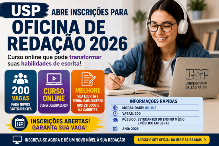 USP abre inscrições para Oficina de Redação 2026 com 200 vagas e curso online que pode transformar suas habilidades de escrita