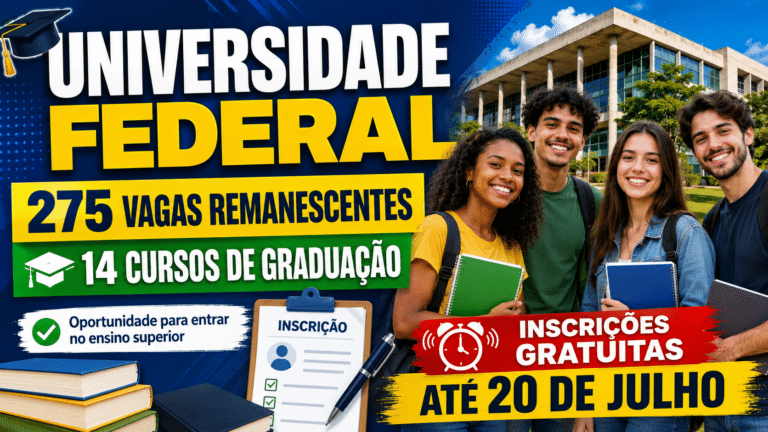 Universidade Federal abre 275 vagas remanescentes em 14 cursos de graduação com inscrições gratuitas até 20 de julho