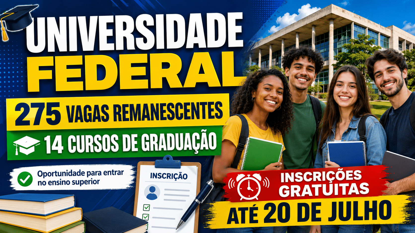 Universidade Federal abre 275 vagas remanescentes em 14 cursos de graduação com inscrições gratuitas até 20 de julho