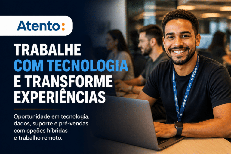 Imagem editorial sobre Atento abre 8 vagas efetivas em tecnologia, dados, suporte e pré-vendas com opções híbridas, presencial em SP e BH e trabalho