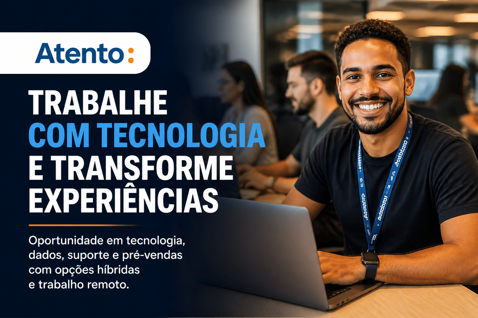 Imagem editorial sobre Atento abre 8 vagas efetivas em tecnologia, dados, suporte e pré-vendas com opções híbridas, presencial em SP e BH e trabalho