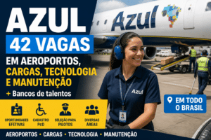 Imagem editorial sobre Azul reúne 42 vagas e bancos de talentos em aeroportos, cargas, tecnologia e manutenção; há oportunidades efetivas, cadastro PcD e
