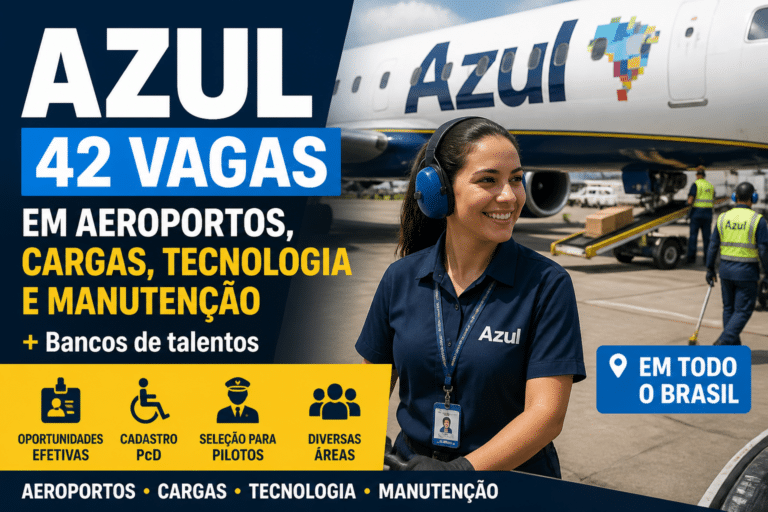 Imagem editorial sobre Azul reúne 42 vagas e bancos de talentos em aeroportos, cargas, tecnologia e manutenção; há oportunidades efetivas, cadastro PcD e