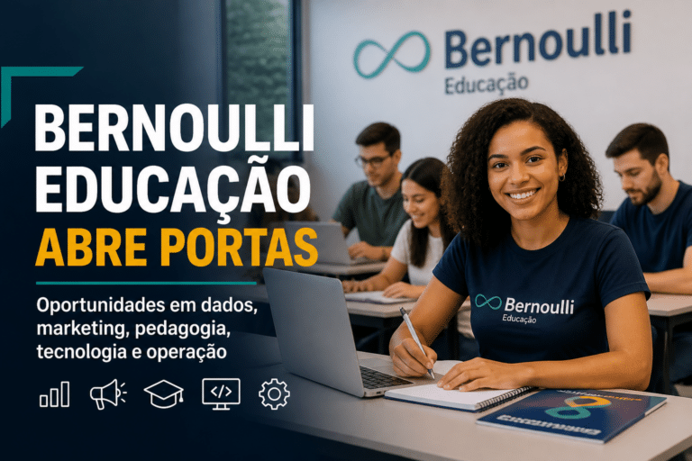 Imagem editorial sobre Bernoulli Educação reúne 59 vagas, banco de talentos e oportunidades em áreas como dados, marketing, pedagogia, tecnologia e