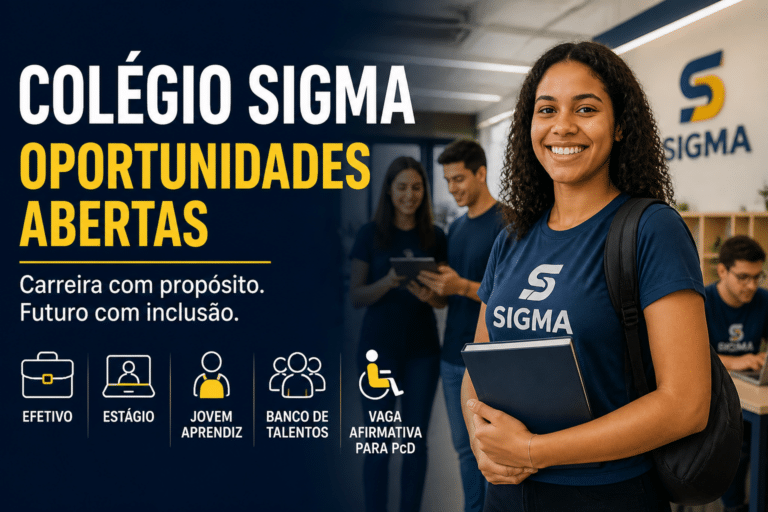 Imagem editorial sobre Colégio Sigma abre 19 vagas em Brasília e no Distrito Federal, com oportunidades efetivas, estágio, jovem aprendiz, banco de