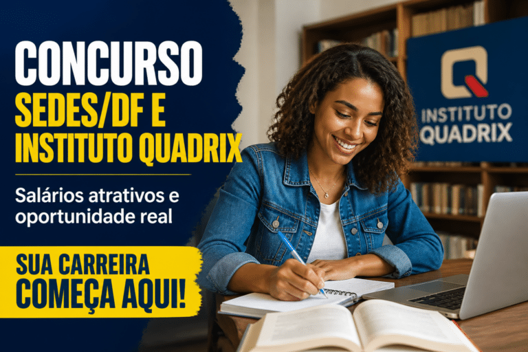Imagem editorial sobre Concurso da Sedes/DF e do Instituto Quadrix abre 2.940 vagas imediatas e cadastro de reserva para níveis médio e superior, com
