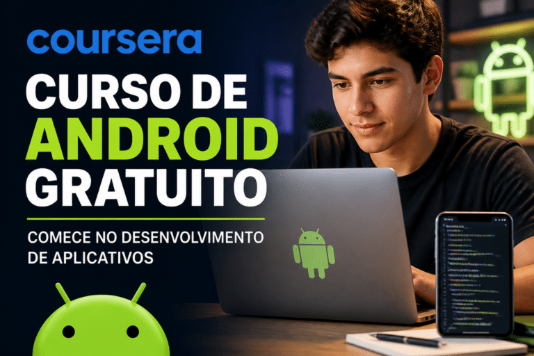 Imagem editorial sobre Coursera abre curso de Introdução ao Desenvolvimento de Aplicativos Android com 6 módulos, 8 horas de conteúdo e aulas em português