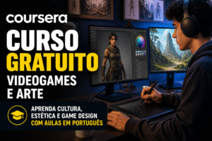Imagem editorial sobre Coursera abre curso gratuito sobre videogames e arte com 7 módulos, 8 horas de conteúdo e aulas em português para quem quer