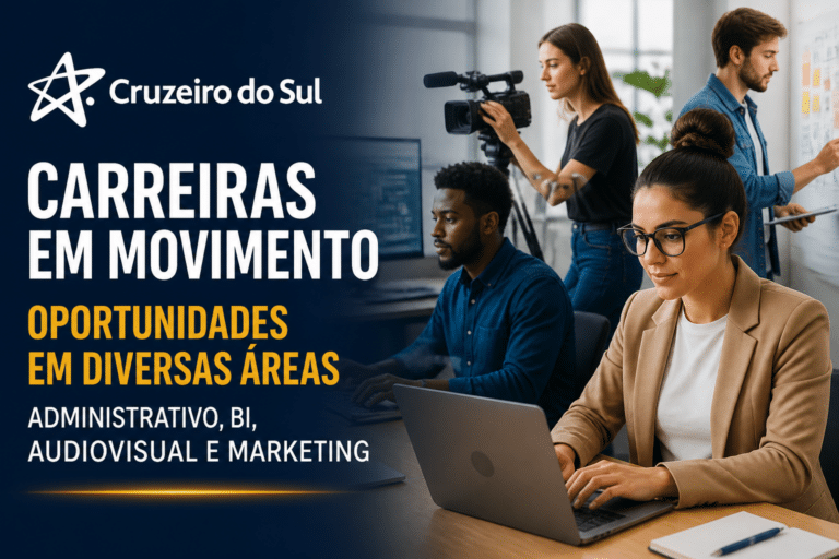 Imagem editorial sobre Cruzeiro do Sul reúne 11 vagas e banco de talentos em São Paulo, com oportunidades para administrativo, BI, audiovisual e marketing