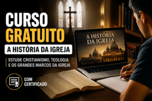Imagem editorial sobre Cursa libera curso gratuito A História da Igreja com certificado, 5 horas e 19 minutos de conteúdo e exercícios para estudar