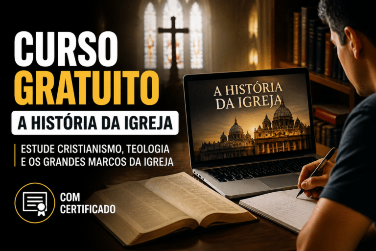Imagem editorial sobre Cursa libera curso gratuito A História da Igreja com certificado, 5 horas e 19 minutos de conteúdo e exercícios para estudar