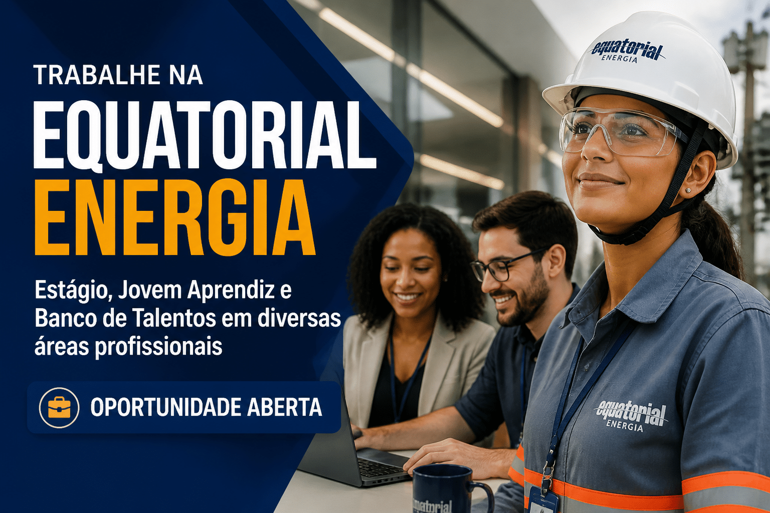 Imagem editorial sobre Equatorialenergia reúne 68 vagas, estágio, jovem aprendiz e banco de talentos em áreas comerciais, técnicas, jurídicas e de apoio