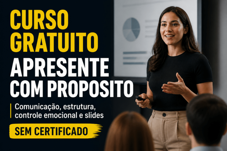 Imagem editorial sobre Eu Capacito abre curso gratuito Apresente com propósito, com 3 horas de conteúdo sobre comunicação, estrutura de apresentação,