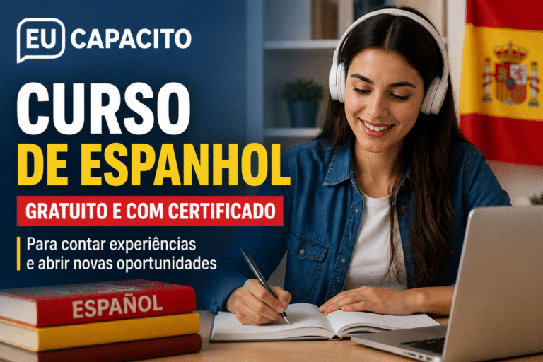 Imagem editorial sobre Eu Capacito abre curso gratuito de espanhol para contar experiências, com certificado e 8 horas de duração em nível A2 em Eu