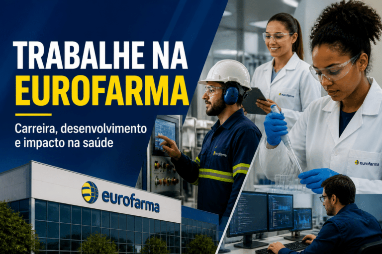 Imagem editorial sobre Eurofarma reúne 44 vagas, estágio e bancos de talentos em áreas como produção, laboratório, manutenção, saúde e tecnologia, com