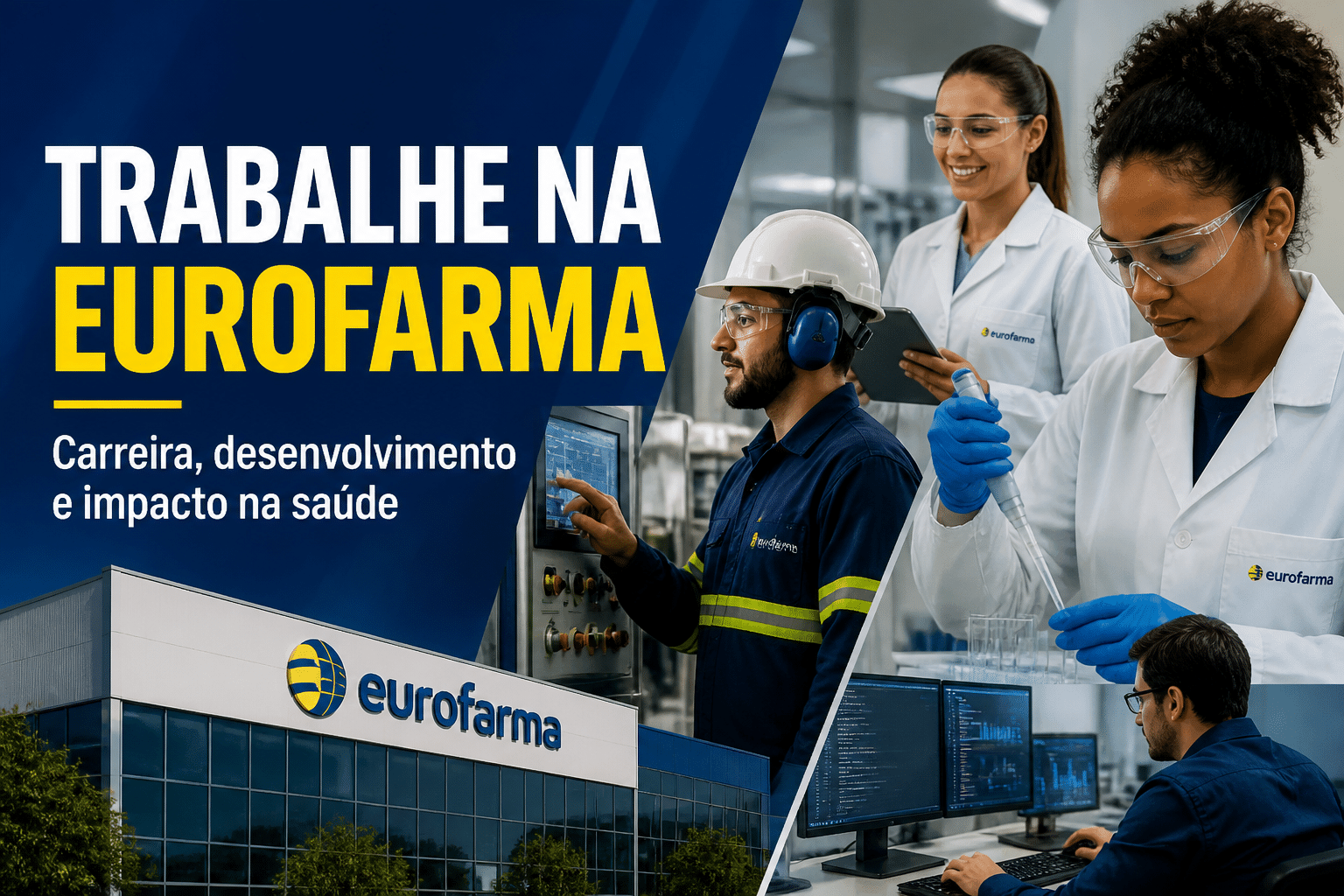 Imagem editorial sobre Eurofarma reúne 44 vagas, estágio e bancos de talentos em áreas como produção, laboratório, manutenção, saúde e tecnologia, com