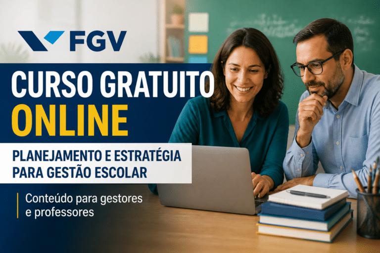 Imagem editorial sobre FGV abre curso gratuito online de 10 horas em Planejamento e Estratégia para Gestão Escolar, com inscrição imediata e conteúdo