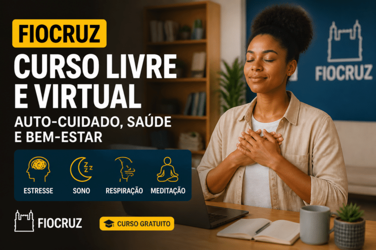 Imagem editorial sobre Fiocruz abre curso livre e virtual sobre auto-cuidado, saúde e bem-estar com foco em estresse, sono, respiração e meditação em