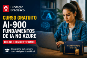 Imagem editorial sobre Fundação Bradesco abre curso gratuito AI-900 de Fundamentos de IA no Azure com 16 horas, acesso online e certificado digital após