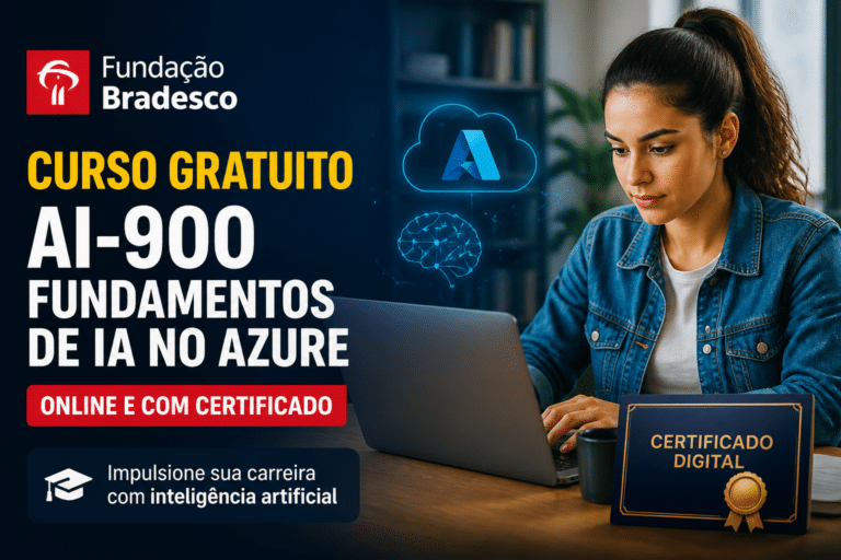 Imagem editorial sobre Fundação Bradesco abre curso gratuito AI-900 de Fundamentos de IA no Azure com 16 horas, acesso online e certificado digital após
