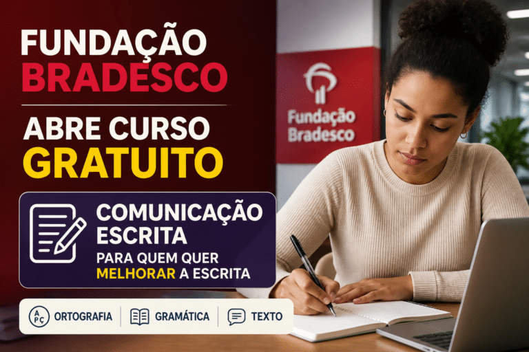 Imagem editorial sobre Fundação Bradesco abre curso gratuito de Comunicação Escrita com 16 horas, nível iniciante e conteúdo sobre ortografia, gramática e