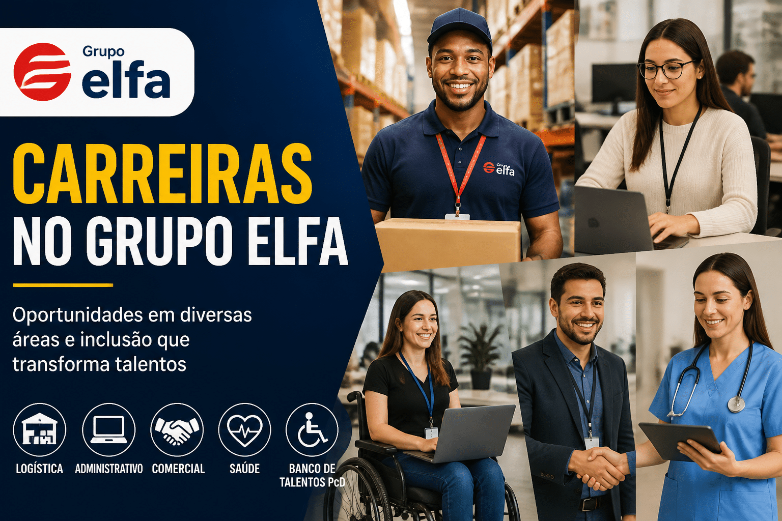 Imagem editorial sobre Grupo Elfa reúne 35 vagas, banco de talentos PcD, estágio e oportunidades em logística, administrativo, comercial e saúde em várias
