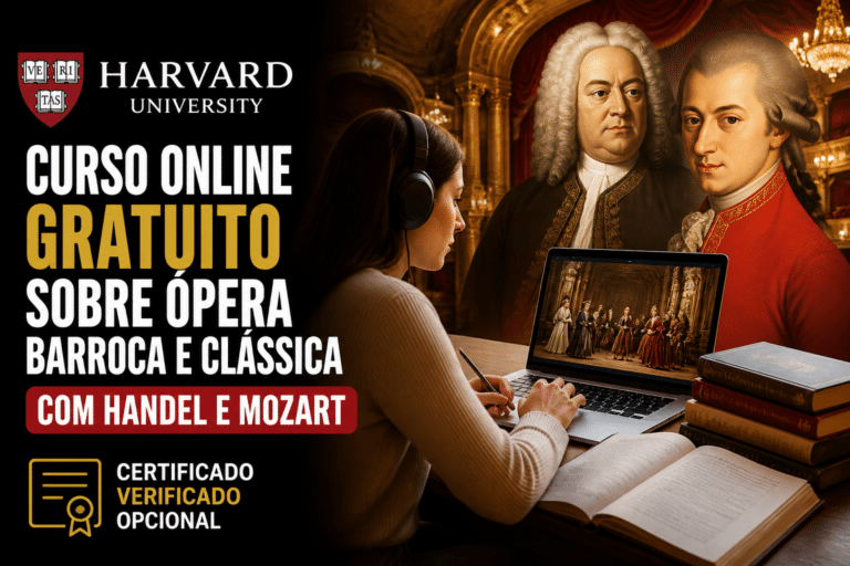 Imagem editorial sobre Harvard University abre curso online gratuito sobre ópera barroca e clássica com Handel e Mozart, duração de três semanas e