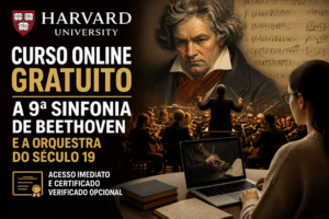 Imagem editorial sobre Harvard University oferece curso online gratuito sobre a 9ª Sinfonia de Beethoven e a orquestra do século 19, com acesso imediato e