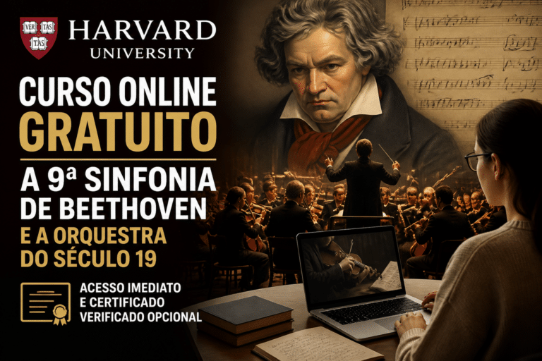 Imagem editorial sobre Harvard University oferece curso online gratuito sobre a 9ª Sinfonia de Beethoven e a orquestra do século 19, com acesso imediato e