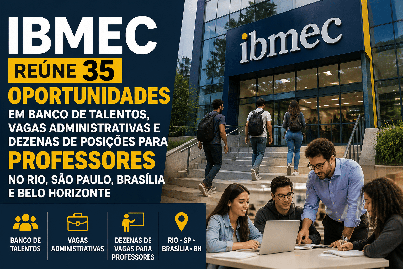 Imagem editorial sobre Ibmec reúne 35 oportunidades em banco de talentos, vagas administrativas e dezenas de posições para professores no Rio, São Paulo,