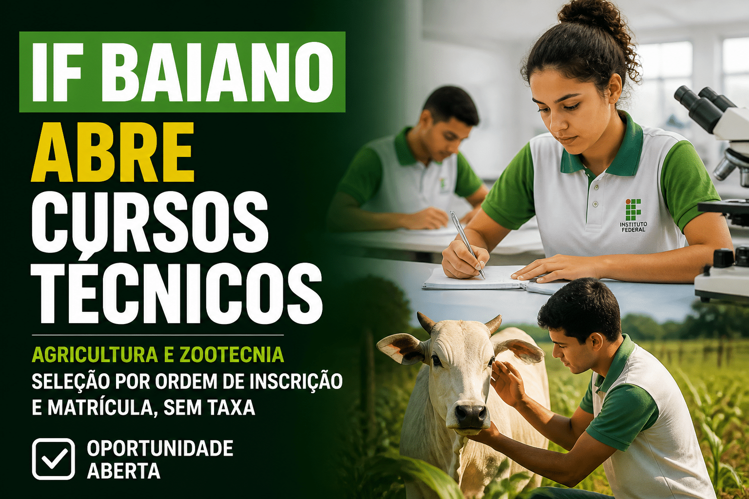 Imagem editorial sobre IF Baiano abre 120 vagas em cursos técnicos subsequentes presenciais em Guanambi; seleção é por ordem de inscrição e matrícula, sem