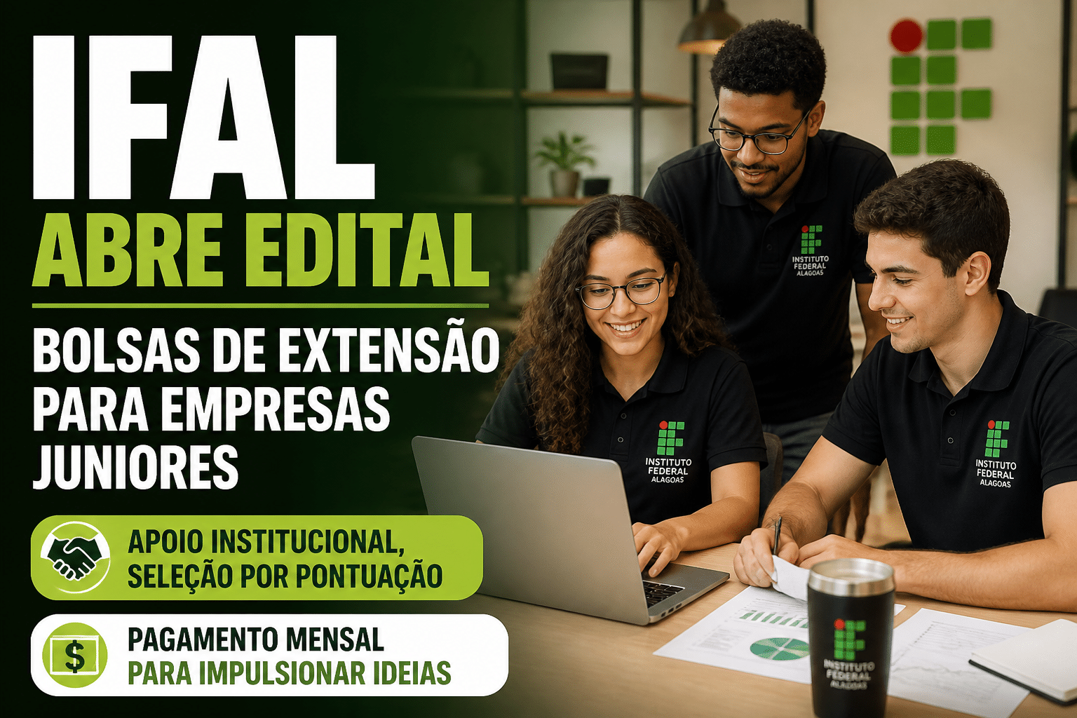 Imagem editorial sobre IFAL abre edital de fluxo contínuo para bolsas de extensão às Empresas Juniores em 2026, com apoio institucional, seleção por