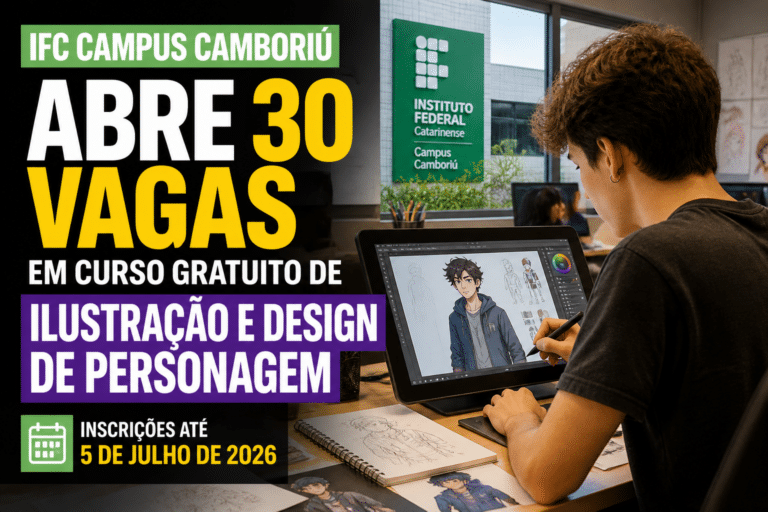 Imagem editorial sobre IFC Campus Camboriú abre 30 vagas em curso gratuito de Ilustração e Design de Personagem com inscrições até 5 de julho de 2026 em