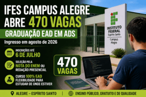 Imagem editorial sobre Ifes Campus Alegre abre 470 vagas em graduação EAD de ADS com ingresso em agosto de 2026; inscrições vão até 6 de julho e seleção