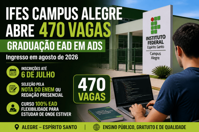 Imagem editorial sobre Ifes Campus Alegre abre 470 vagas em graduação EAD de ADS com ingresso em agosto de 2026; inscrições vão até 6 de julho e seleção