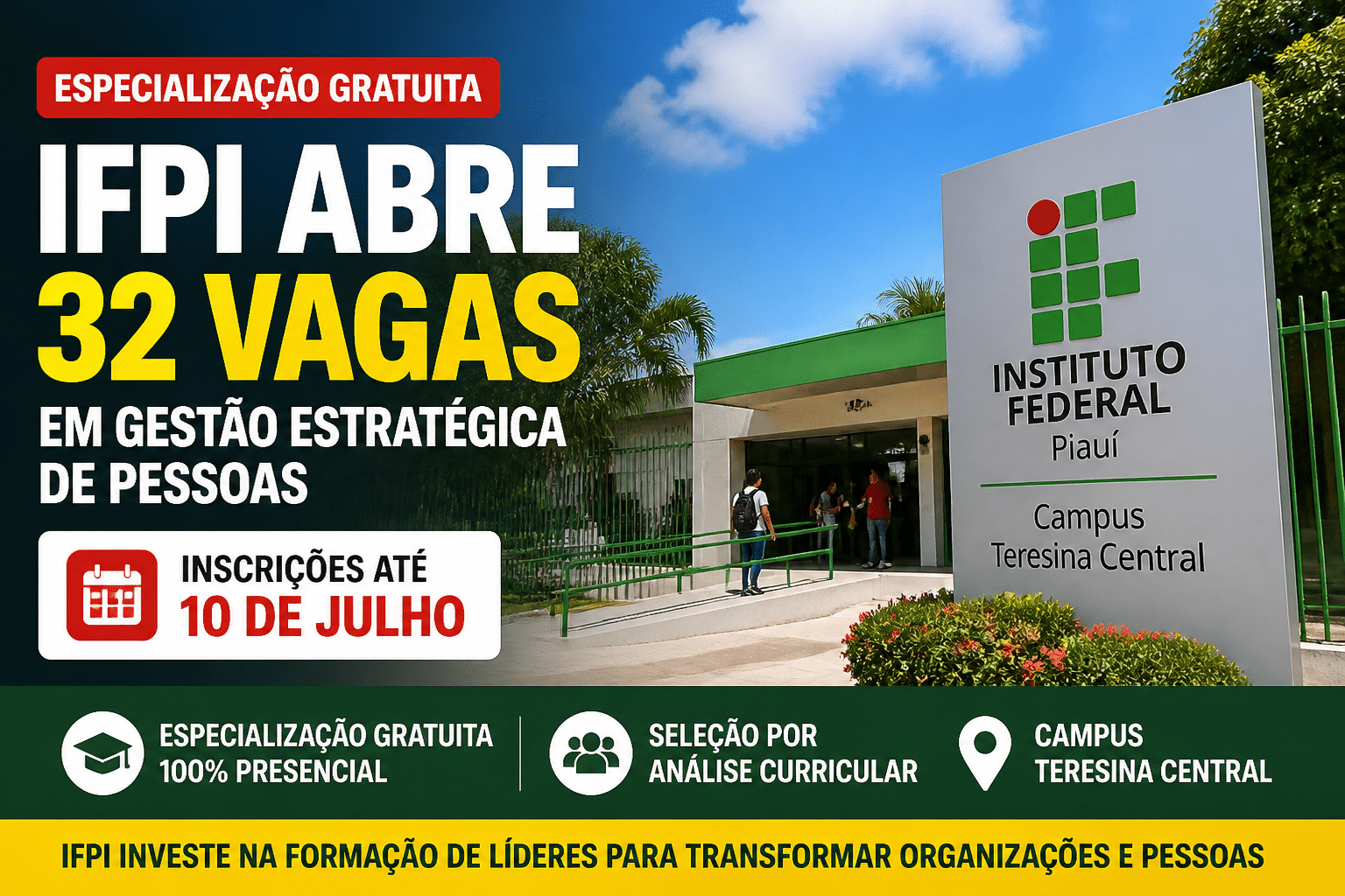 Imagem editorial sobre IFPI abre 32 vagas para especialização gratuita em Gestão Estratégica de Pessoas no Campus Teresina Central; inscrições vão até 10