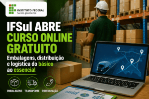 Imagem editorial sobre IFSul abre curso online gratuito sobre embalagens e distribuição física de materiais com 40 horas, nível básico e conteúdo de