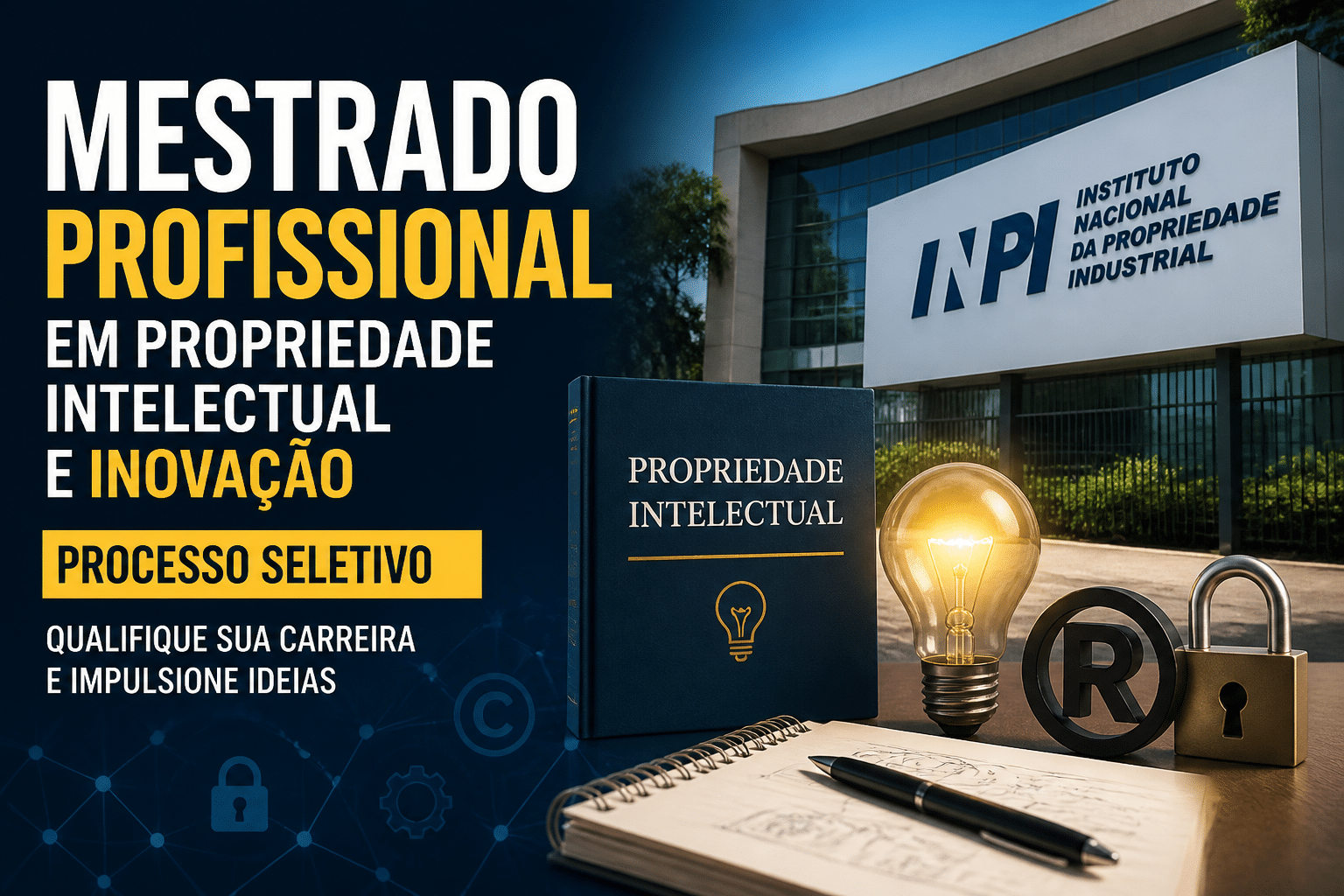 Imagem editorial sobre INPI abre 20 vagas para mestrado profissional em propriedade intelectual e inovação com seleção em três fases e inscrições até 17