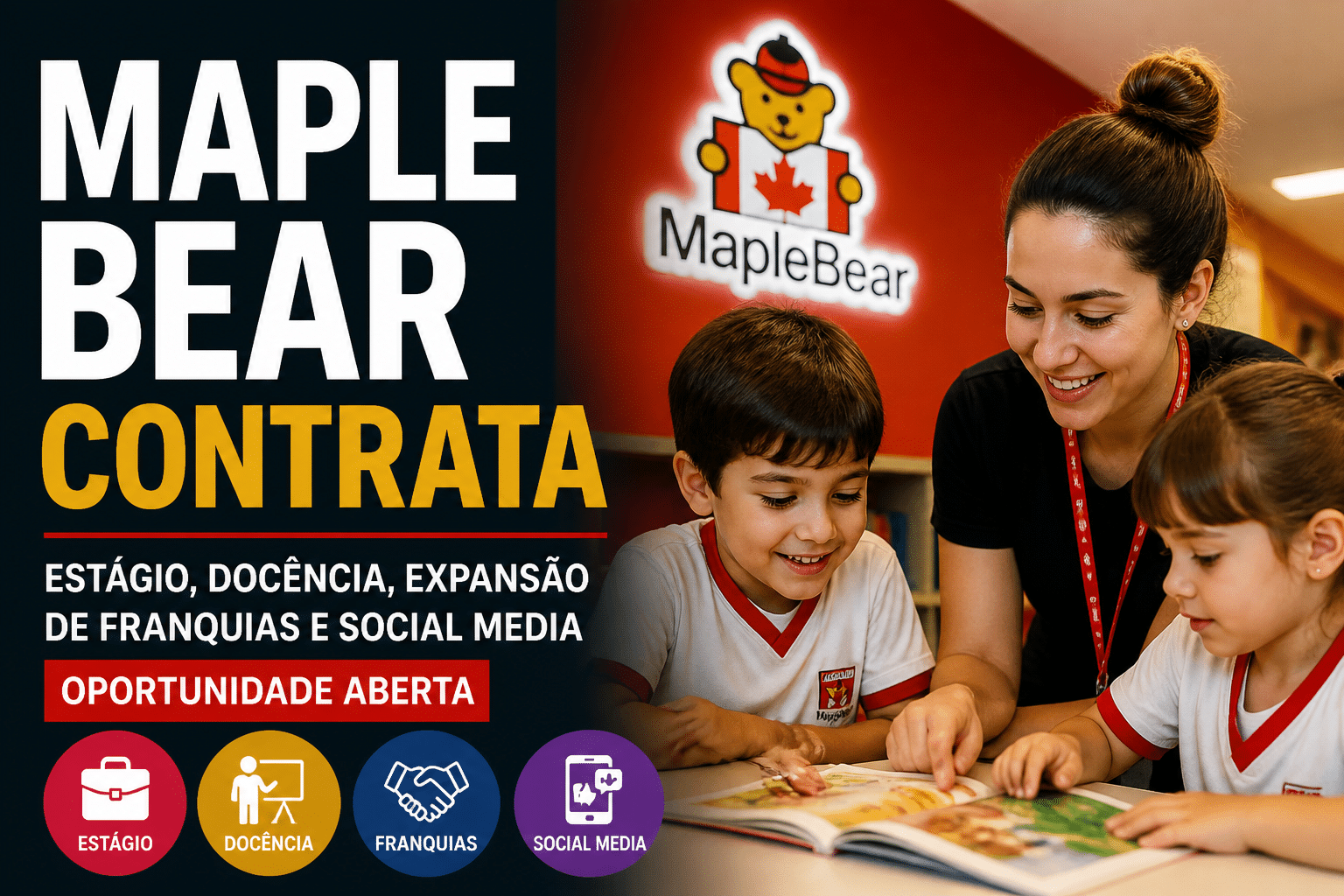 Imagem editorial sobre Maple Bear abre 7 vagas em Vila Velha, Florianópolis e Ribeirão Preto para estágio, docência, expansão de franquias e social media