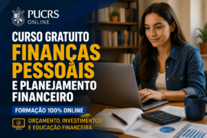Imagem editorial sobre PUCRS Online abre formação gratuita em Finanças pessoais e planejamento financeiro com 10 horas-aula, acesso 100% online e conteúdo