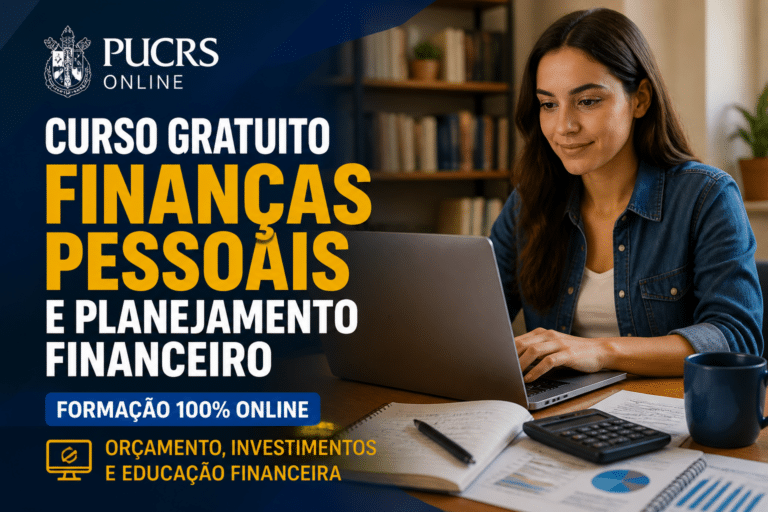 Imagem editorial sobre PUCRS Online abre formação gratuita em Finanças pessoais e planejamento financeiro com 10 horas-aula, acesso 100% online e conteúdo