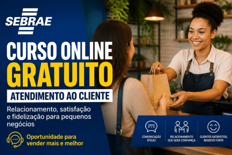 Imagem editorial sobre Sebrae abre curso online gratuito de Atendimento ao cliente com 8 horas de duração e foco em relacionamento, satisfação e
