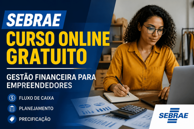 Imagem editorial sobre Sebrae abre curso online gratuito de gestão financeira com 10 horas de conteúdo sobre fluxo de caixa, planejamento e precificação