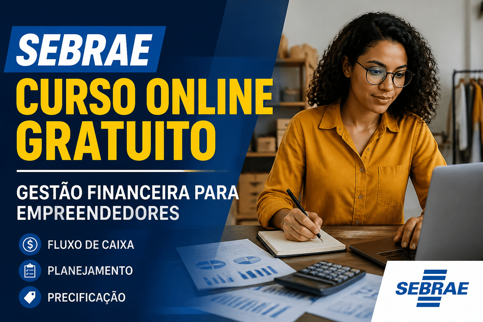 Imagem editorial sobre Sebrae abre curso online gratuito de gestão financeira com 10 horas de conteúdo sobre fluxo de caixa, planejamento e precificação