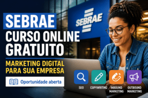 Imagem editorial sobre Sebrae oferece curso online gratuito de 9 horas sobre marketing digital para sua empresa, com conceitos de SEO, copywriting,