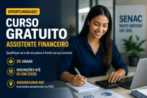 Imagem editorial sobre Senac MS abre 25 vagas gratuitas para Assistente Financeiro em Aquidauana; inscrições presenciais seguem até 1º de agosto de 2026