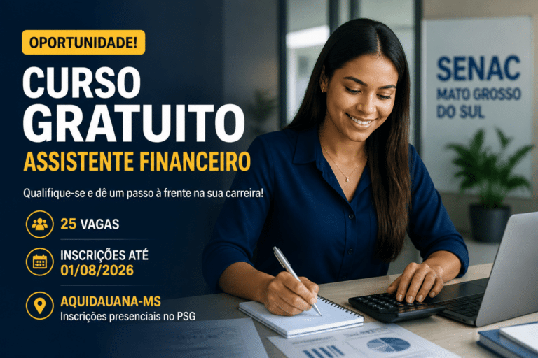 Imagem editorial sobre Senac MS abre 25 vagas gratuitas para Assistente Financeiro em Aquidauana; inscrições presenciais seguem até 1º de agosto de 2026
